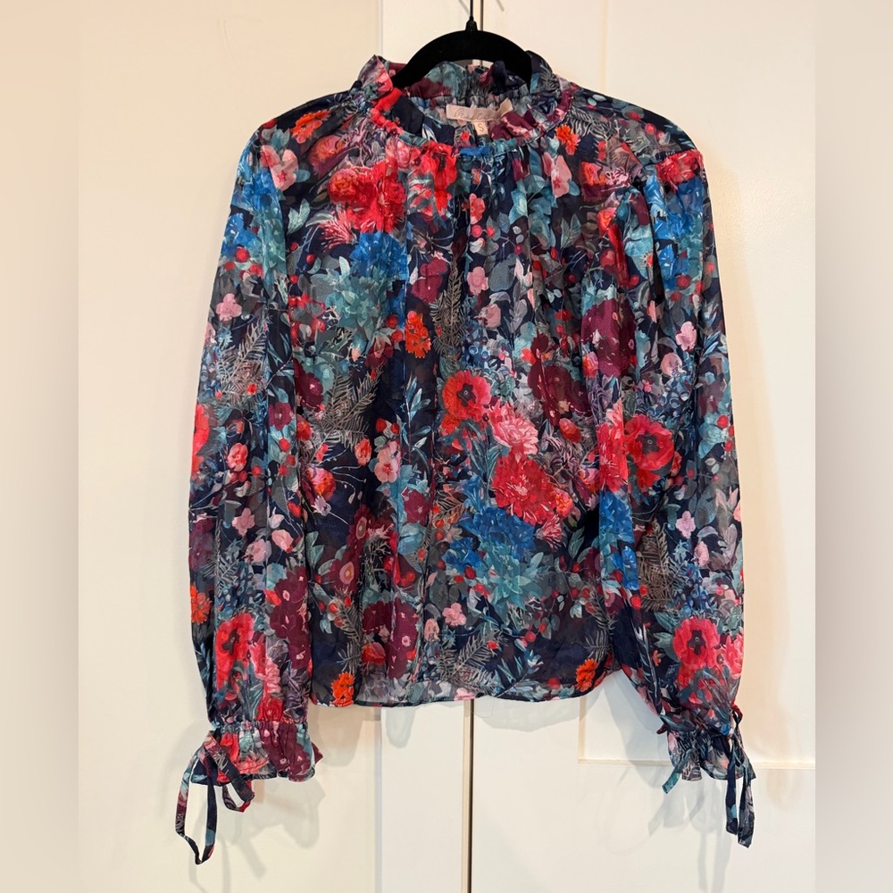 HUTCH Floral Ruffle Neck Long Sleeve Top Billowing Sleeve w Drawstring Sz S